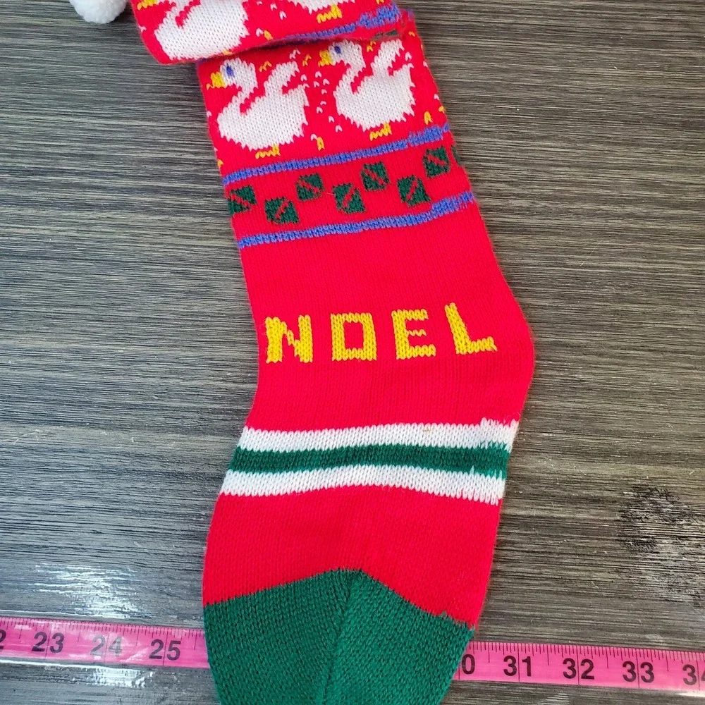 Vintage Knit Merry Red Christmas Stocking Sock Noel White Swans Ducks - 24